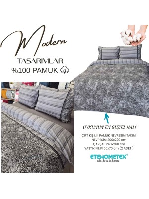 ETEHOMETEX %100 Pamuk Nevresim Takımı ÇİFT KİŞİLİK DAMASK GRİ 8696474232116